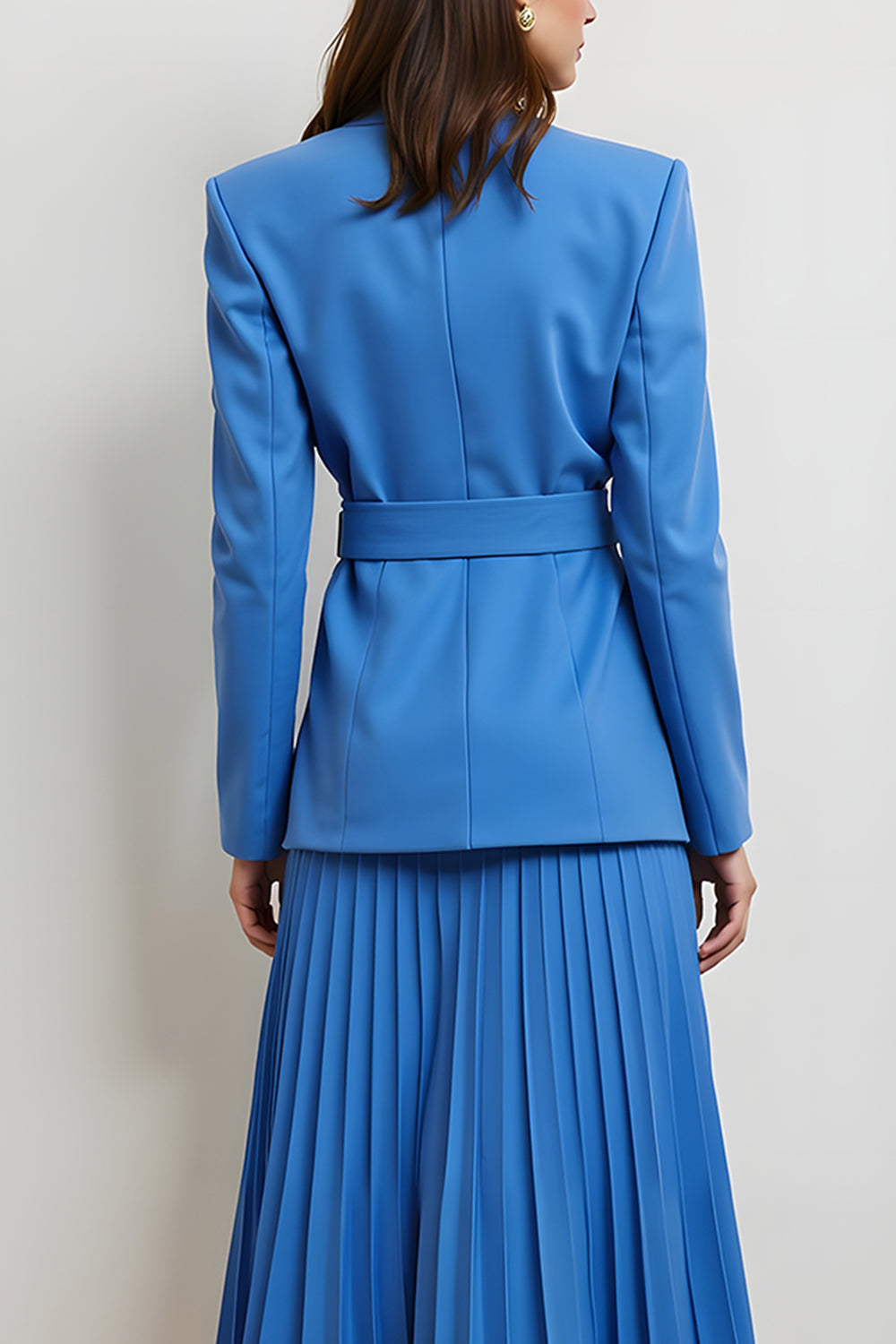 2 Piece Blue Peak Lapel Long Sleeves Pleated Midi Business Suits