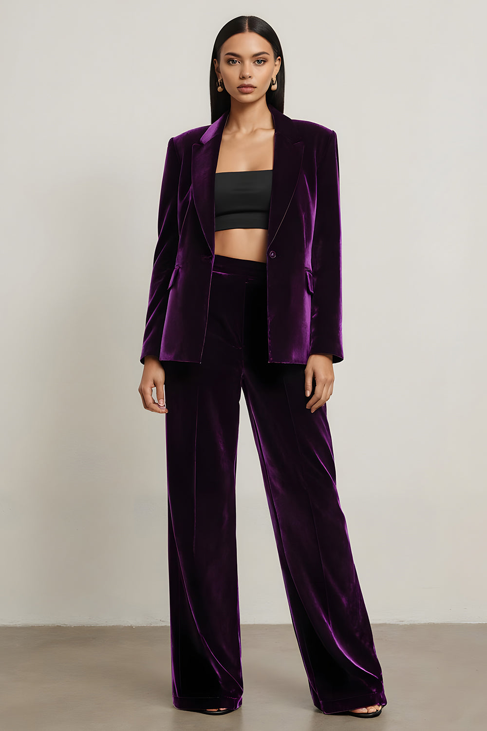  2 Piece Dark Purple Velvet Notched Lapel Long Sleeves Prom Suits