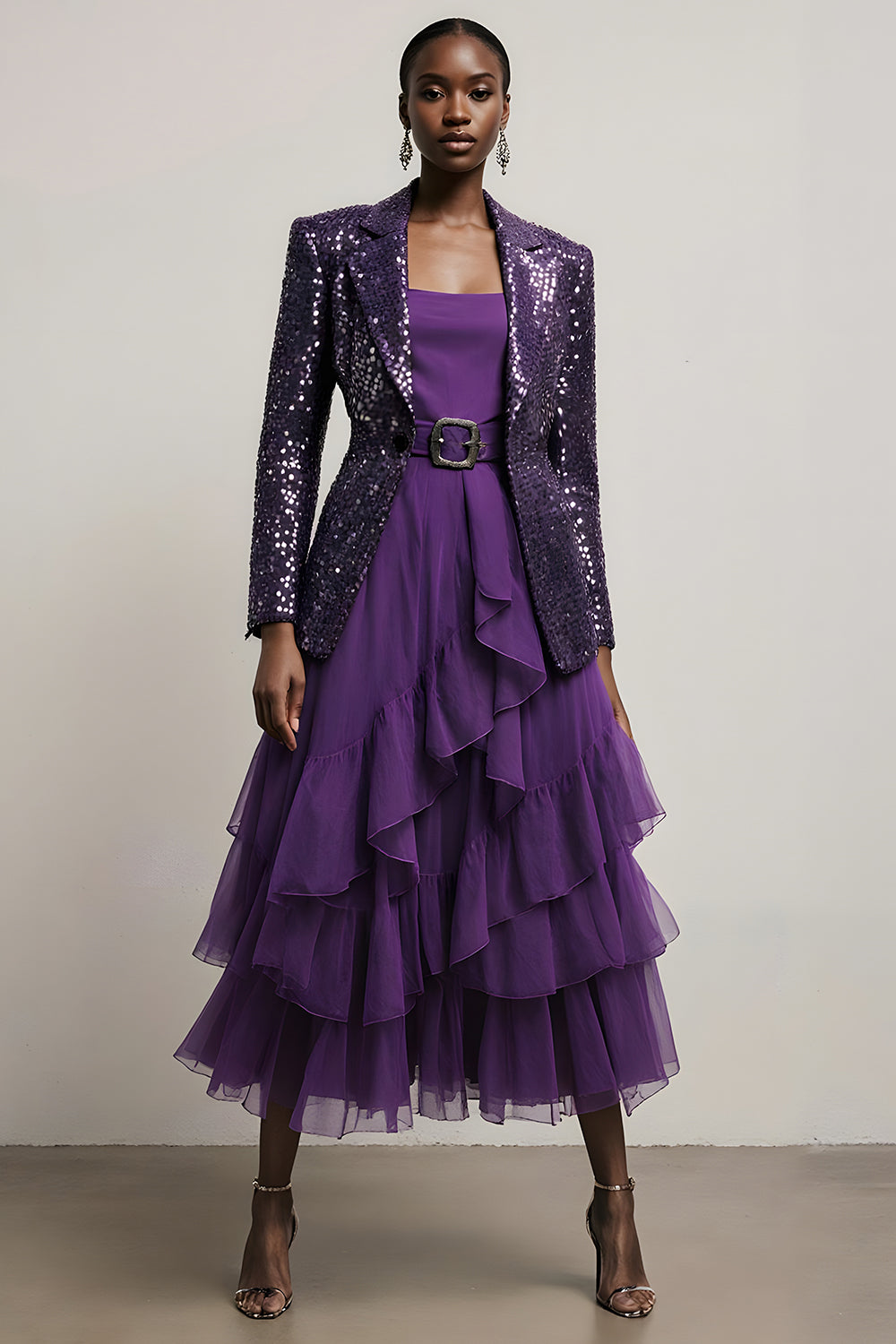 2 Piece Sparkly Dark Purple Sequin A Line Notched Lapel Long Sleeves Prom Suits