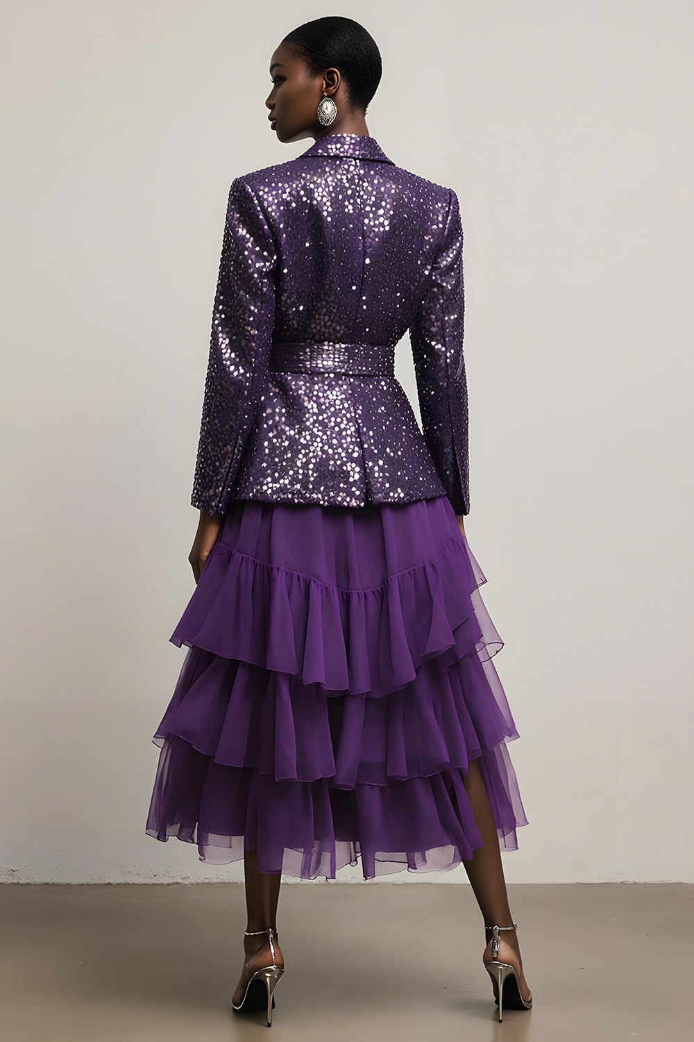 2 Piece Sparkly Dark Purple Sequin A Line Notched Lapel Long Sleeves Prom Suits