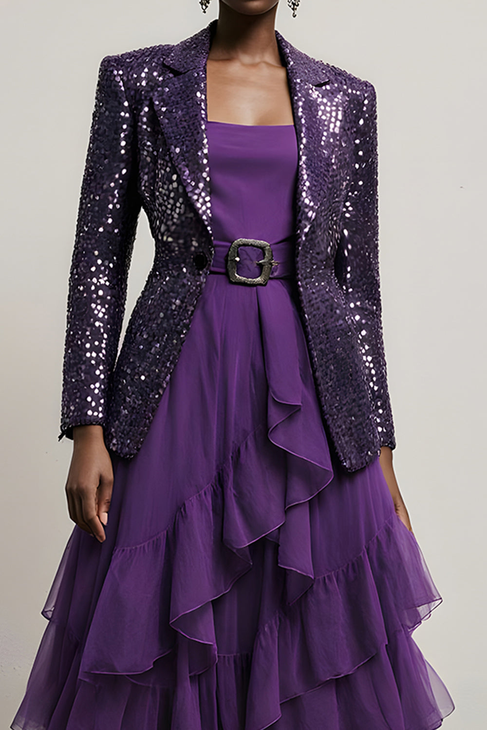 2 Piece Sparkly Dark Purple Sequin A Line Notched Lapel Long Sleeves Prom Suits