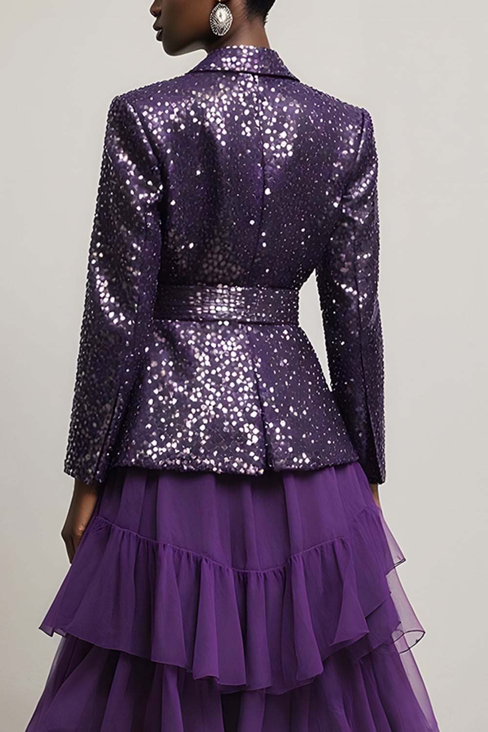 2 Piece Sparkly Dark Purple Sequin A Line Notched Lapel Long Sleeves Prom Suits