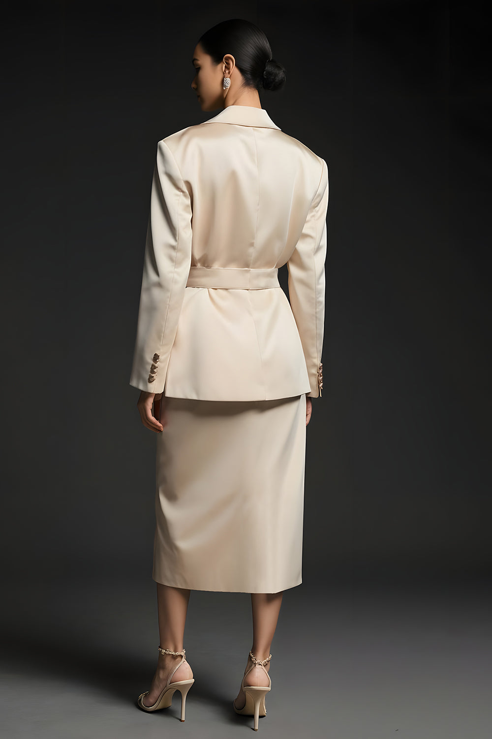  2 Piece Champagne Sheath Notched Lapel Long Sleeves Business Suits with Slit