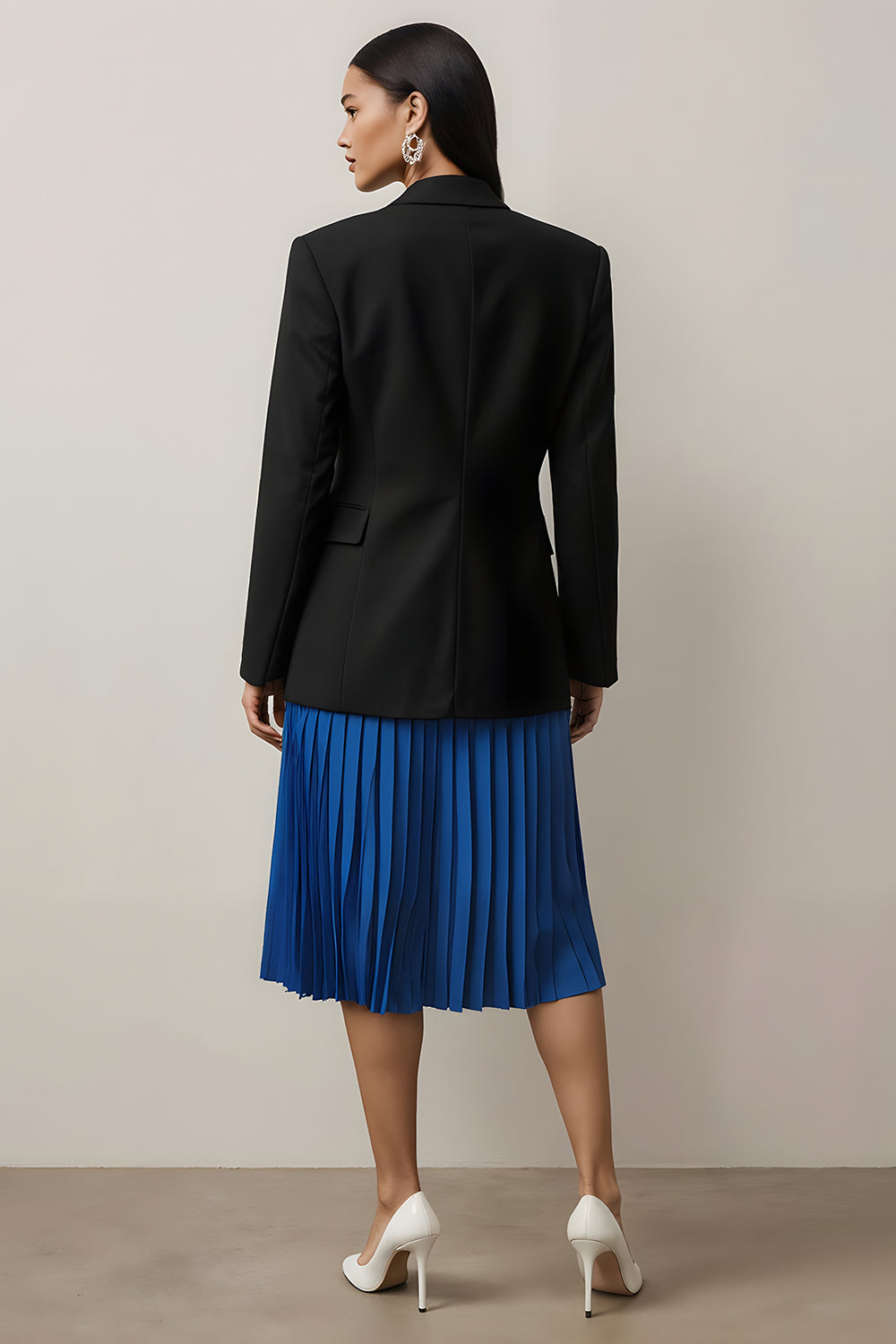  2 Piece Black and Blue Notched Lapel Long Sleeves Pleated Midi Business Suits
