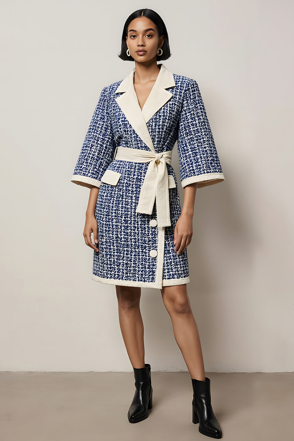 Blue Tweed Notched Lapel Pencil Half Sleeves Short Work Dress with Sash