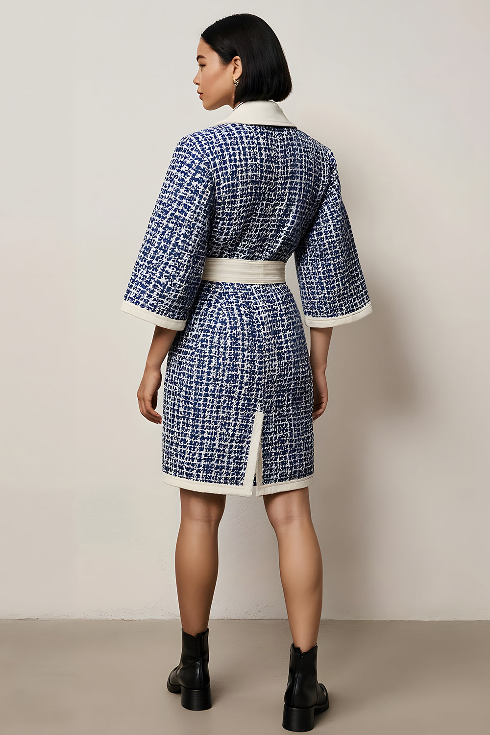 Blue Tweed Notched Lapel Pencil Half Sleeves Short Work Dress with Sash