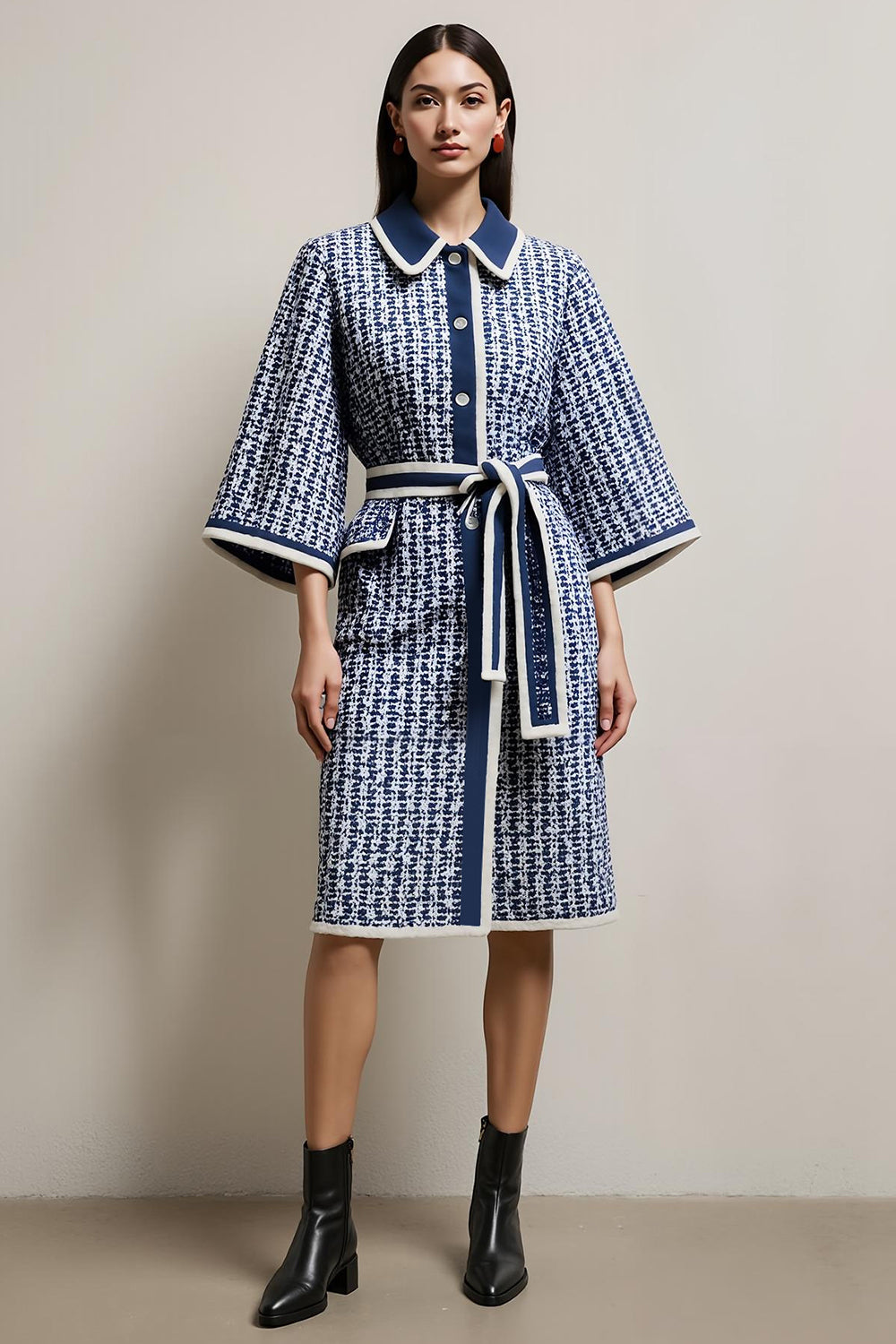 Blue Tweed Pencil Collar Neck Single Breasted Half Sleeves Midi Work Dress