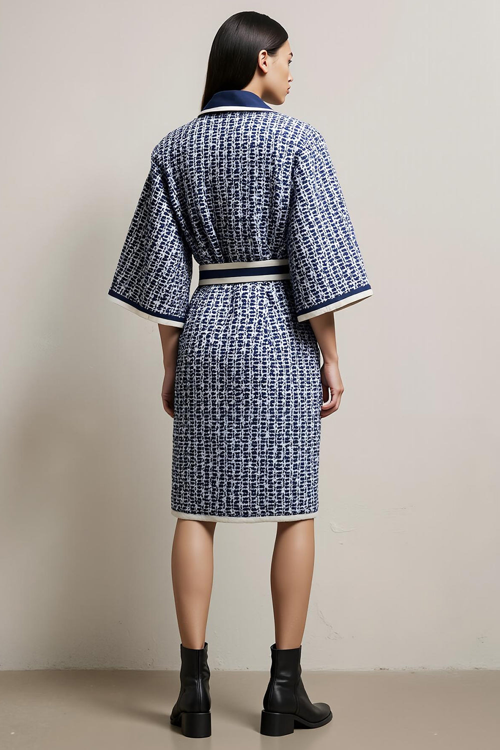 Blue Tweed Pencil Collar Neck Single Breasted Half Sleeves Midi Work Dress