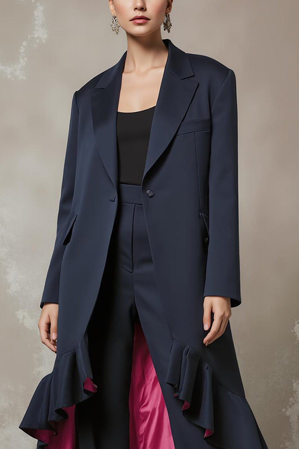 2 Piece Navy Notched Lapel Long Sleeves Business Suits with Ruffles