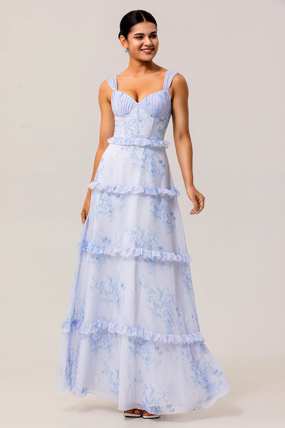 Floral Blue Corset Long Chiffon Wedding Guest Dress with Ruffles