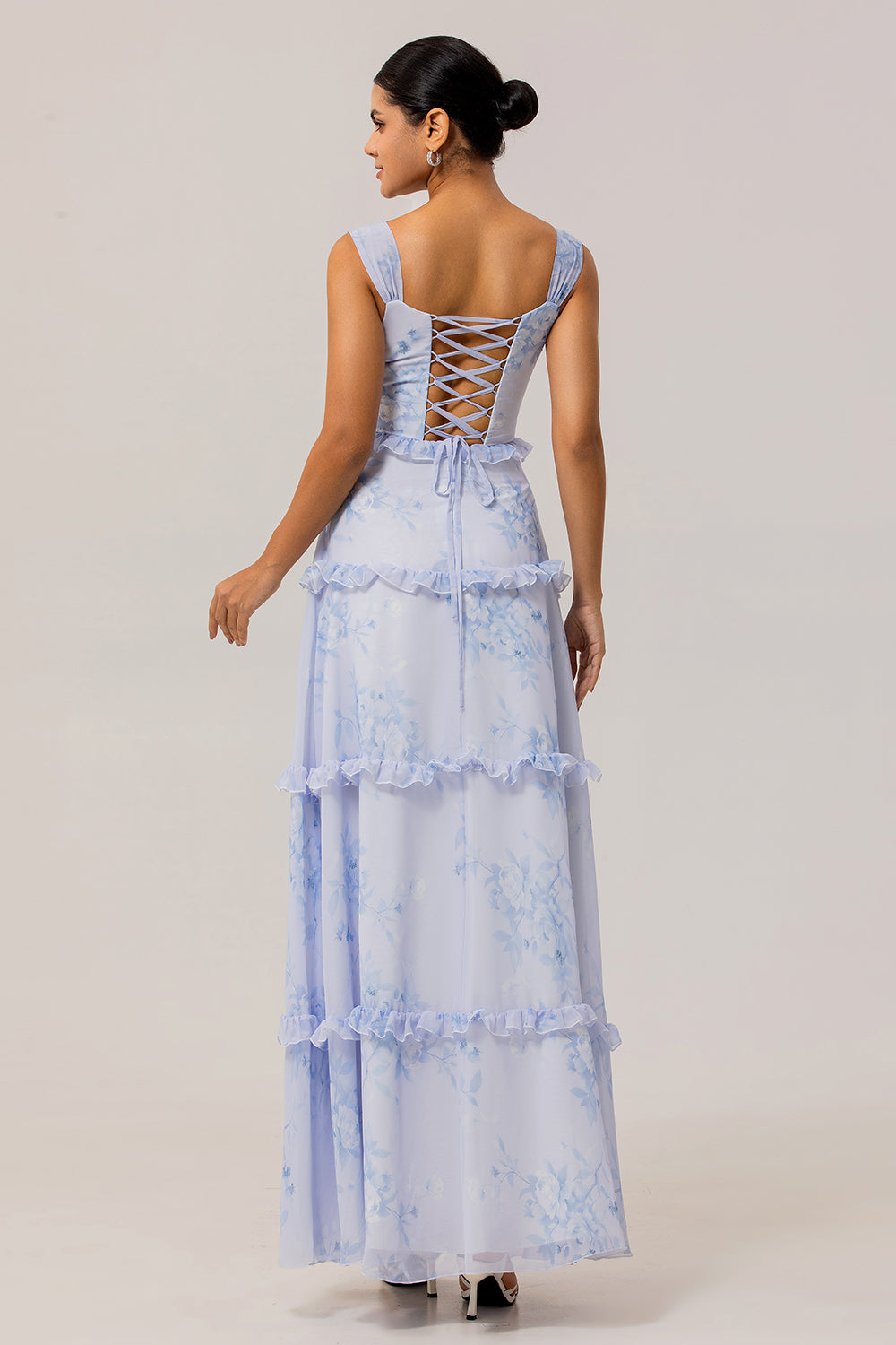 Floral Blue Corset Long Chiffon Wedding Guest Dress with Ruffles