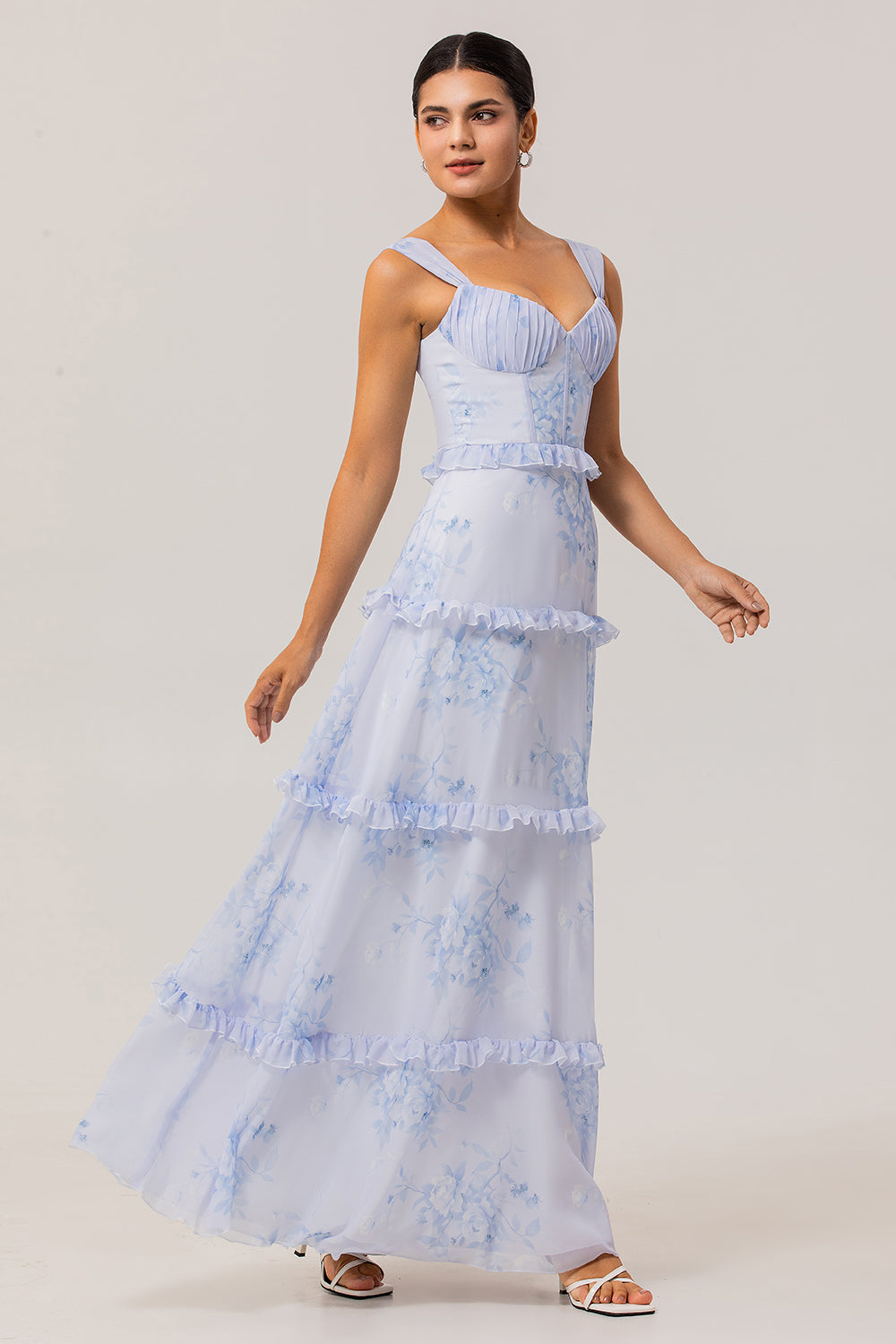 Floral Blue Corset Long Chiffon Wedding Guest Dress with Ruffles