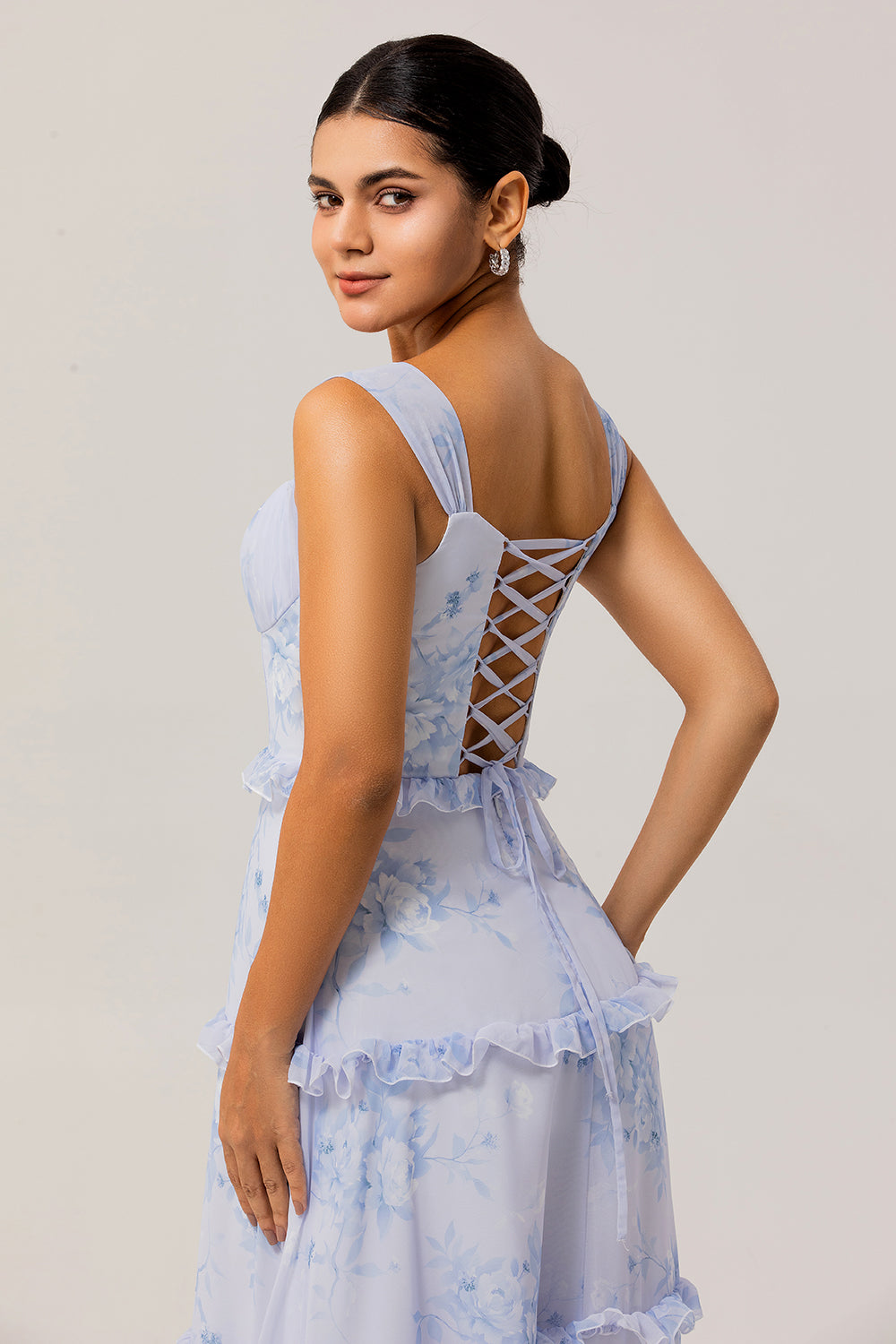Floral Blue Corset Long Chiffon Wedding Guest Dress with Ruffles