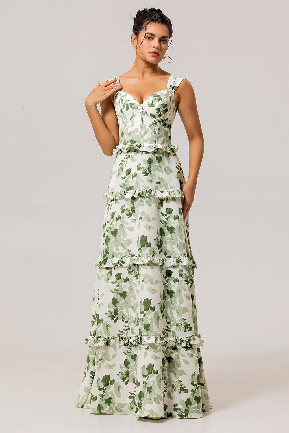 Floral Green A Line Long Corset Wedding Guest Dress with Ruffles