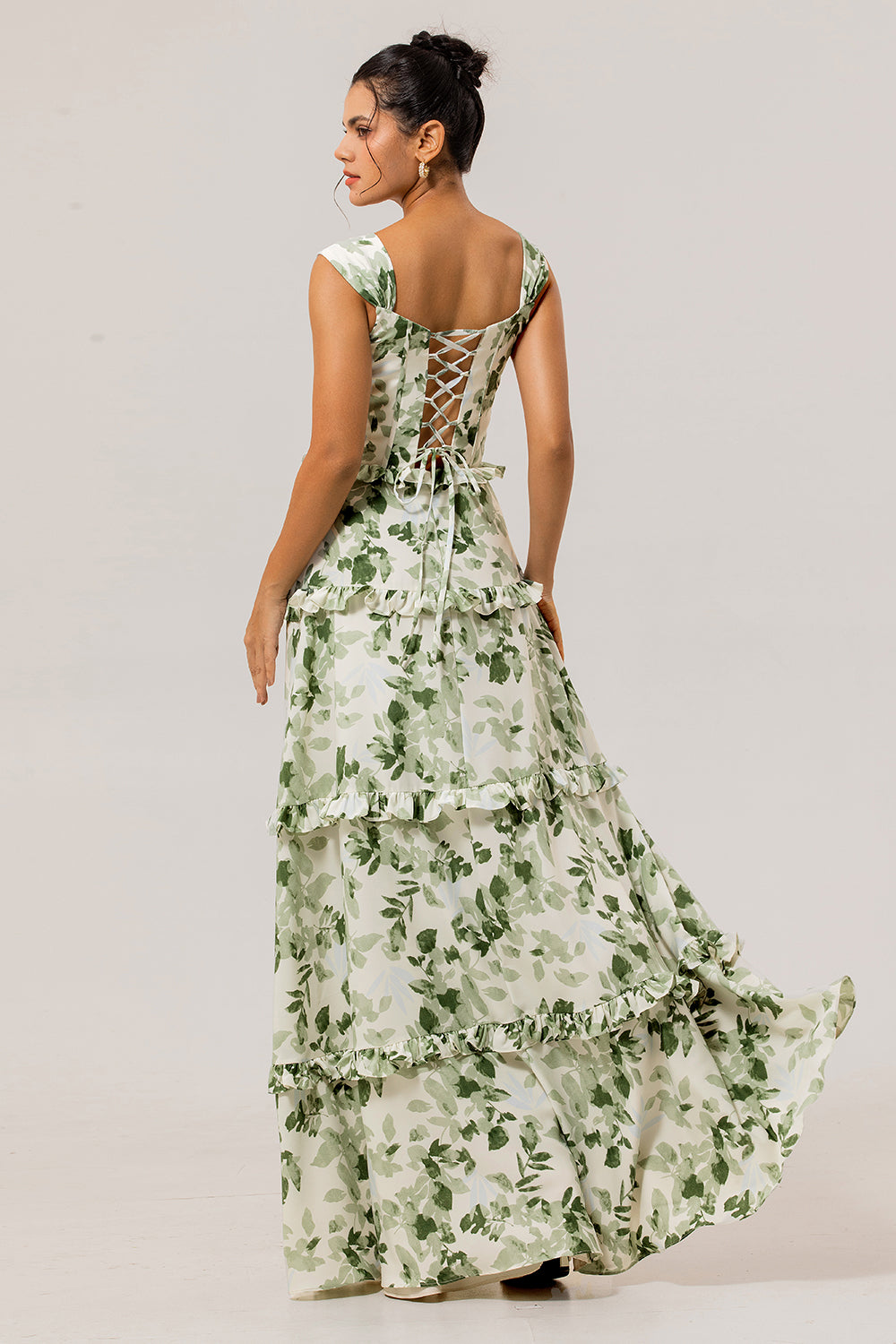 Floral Green A Line Long Corset Wedding Guest Dress with Ruffles
