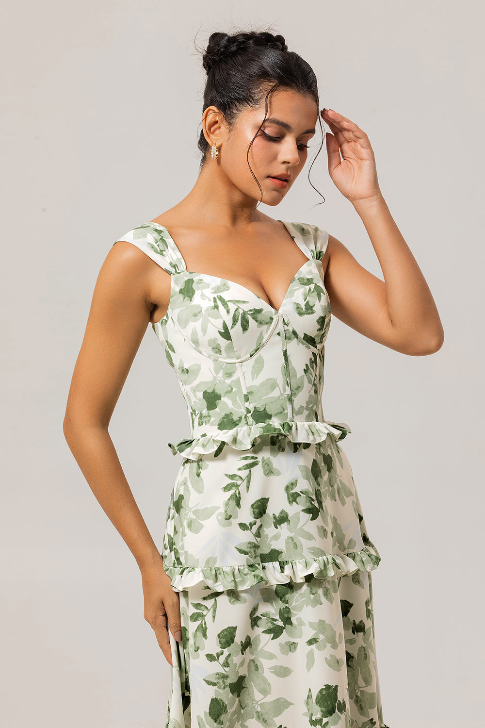 Floral Green A Line Long Corset Wedding Guest Dress with Ruffles