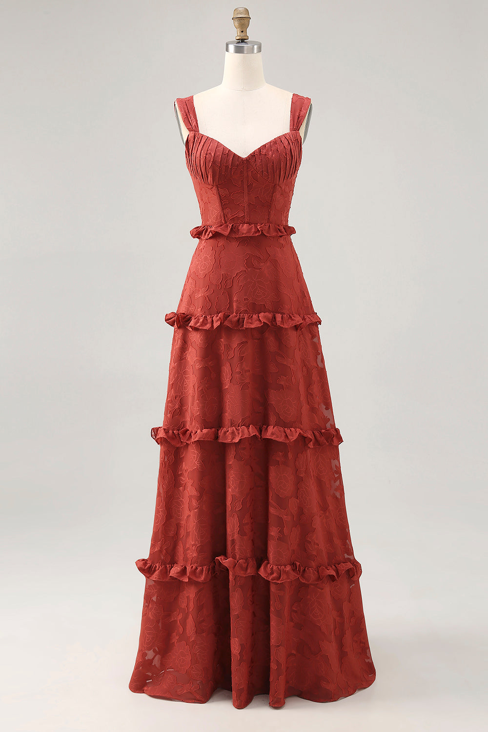 Terracotta A Line Lace Long Corset Wedding Guest Dress with Ruffles