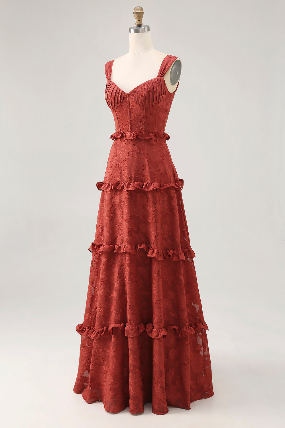 Terracotta A Line Lace Long Corset Wedding Guest Dress with Ruffles