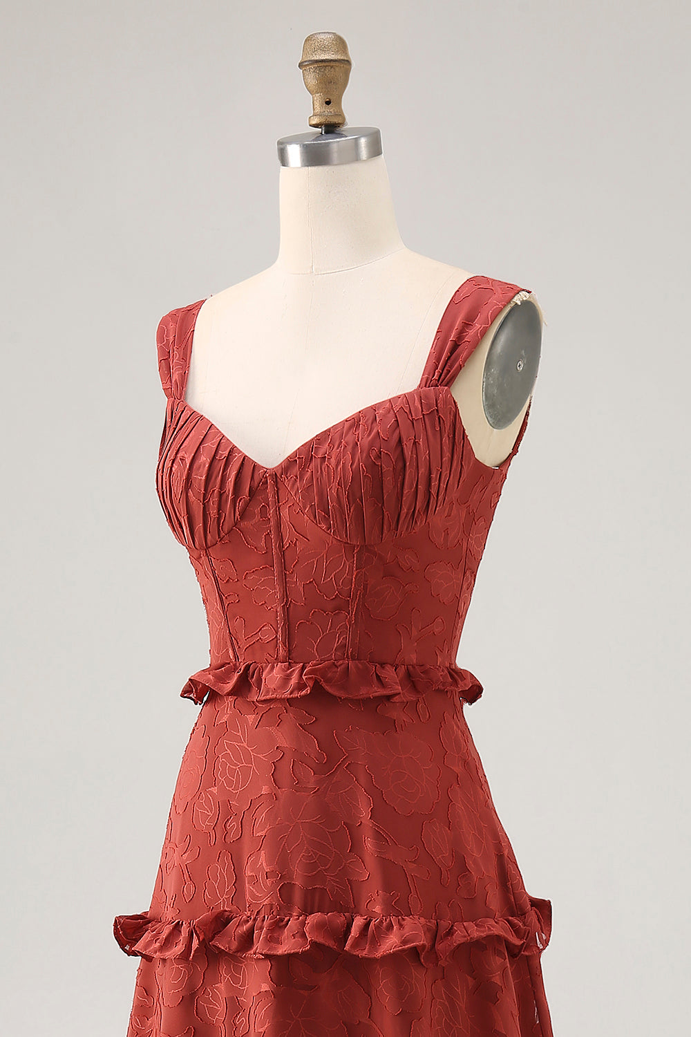 Terracotta A Line Lace Long Corset Wedding Guest Dress with Ruffles