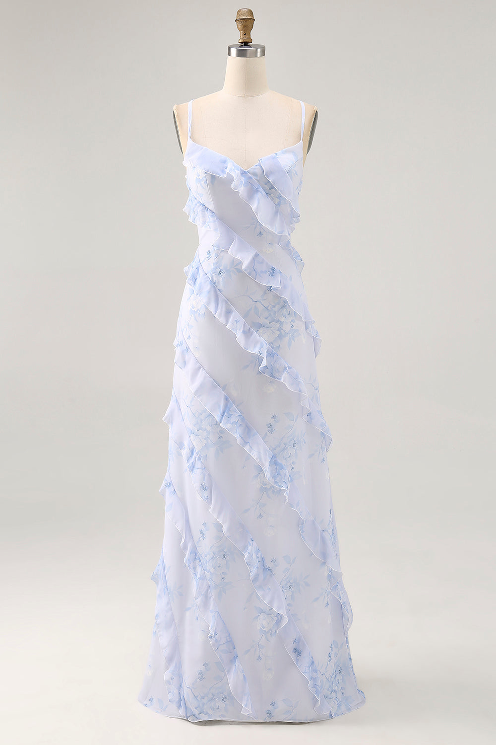 Floral Blue Chiffon Spaghetti Straps Long Wedding Guest Dress with Ruffles