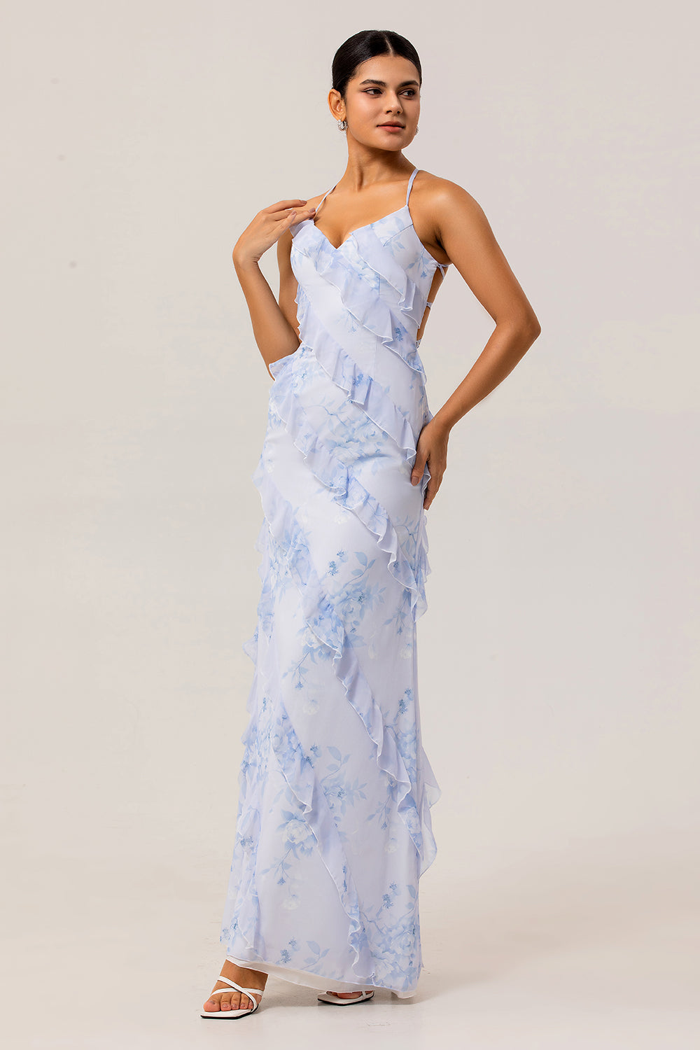 Blue Spaghetti Straps Chiffon Long Floral Wedding Guest Dress with Ruffles