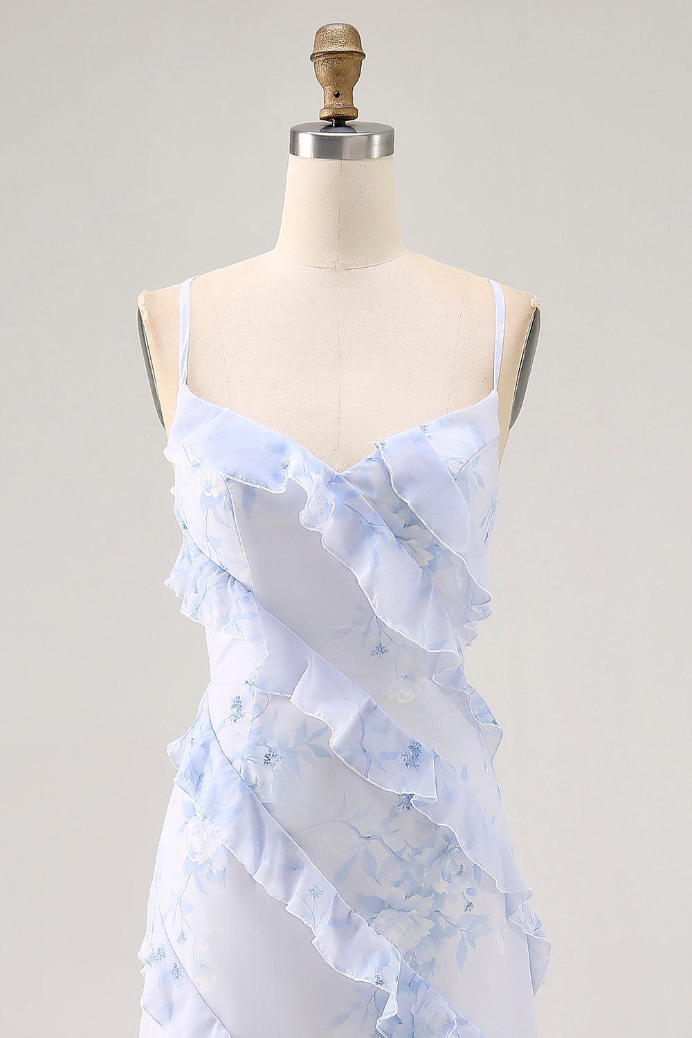 Floral Blue Chiffon Spaghetti Straps Long Wedding Guest Dress with Ruffles