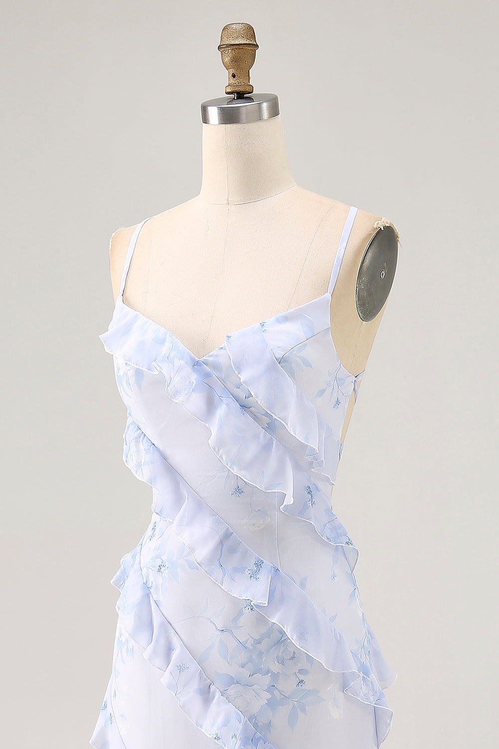 Floral Blue Chiffon Spaghetti Straps Long Wedding Guest Dress with Ruffles