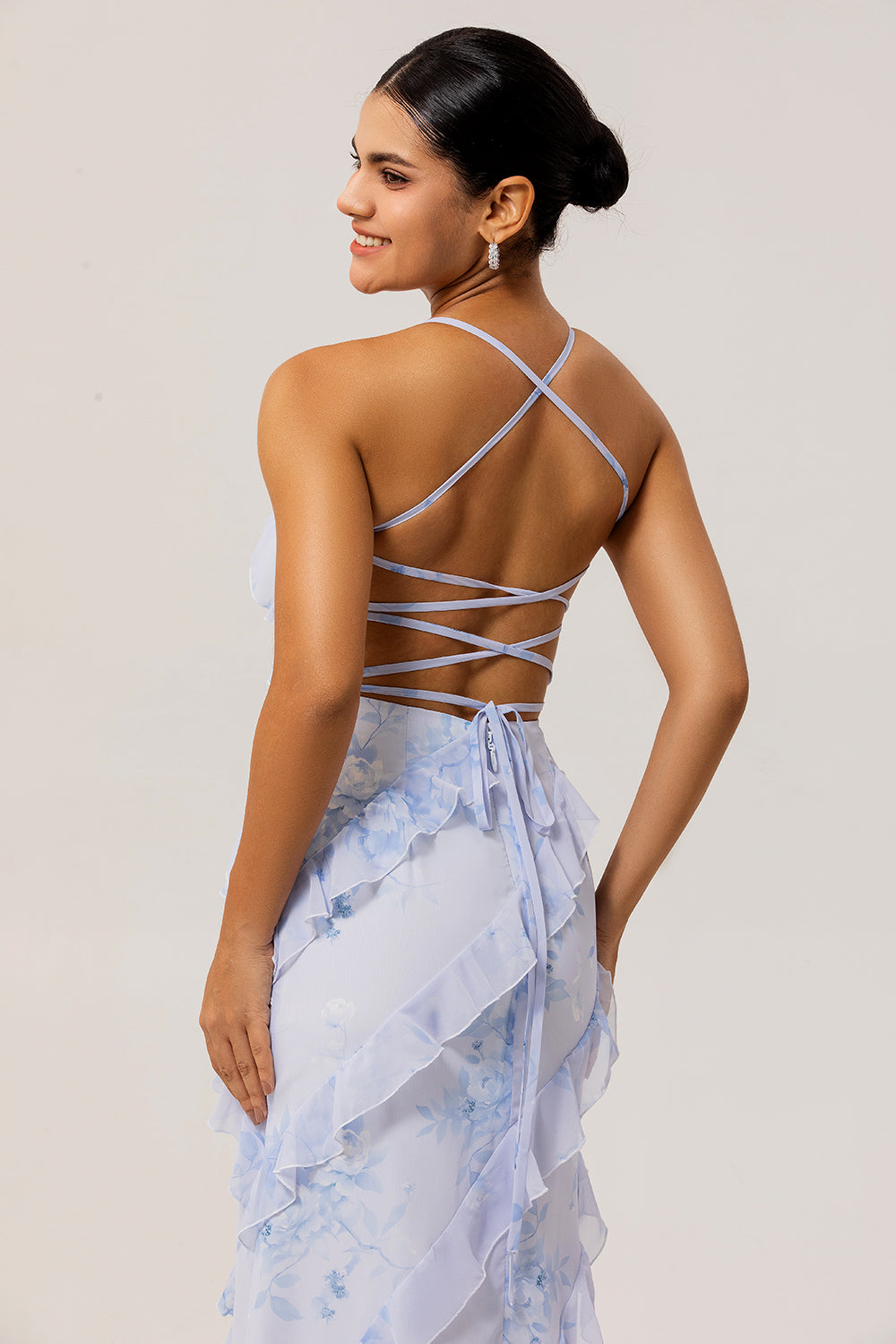 Blue Spaghetti Straps Chiffon Long Floral Wedding Guest Dress with Ruffles