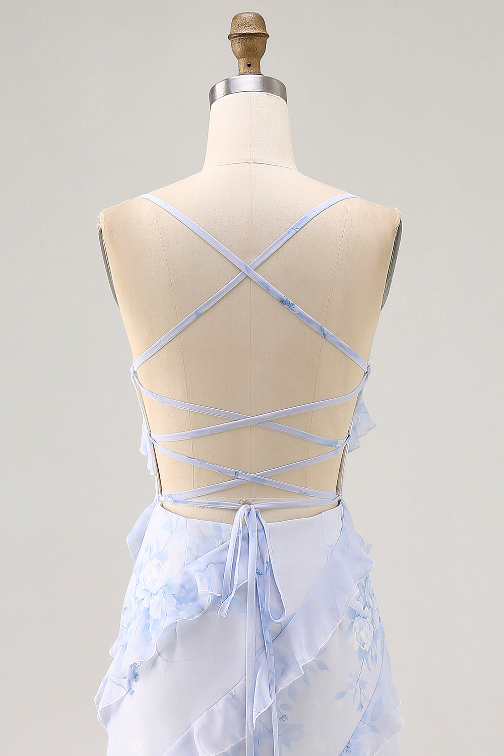 Floral Blue Chiffon Spaghetti Straps Long Wedding Guest Dress with Ruffles