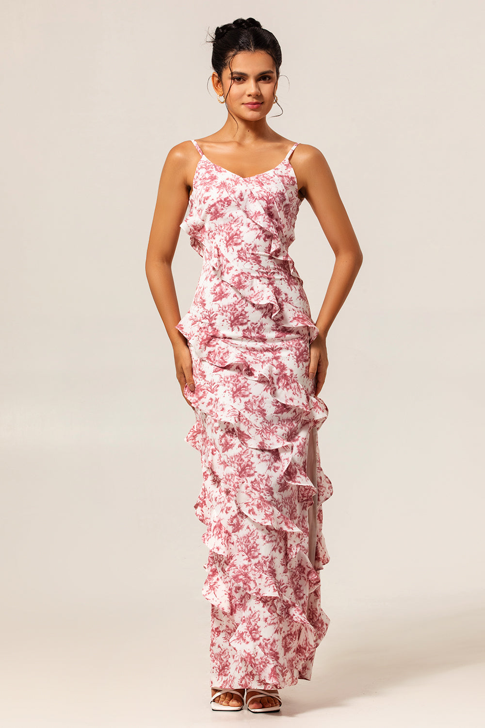 Floral Blush Ruffled Long Sheath Wedding Guest Dress with Slit