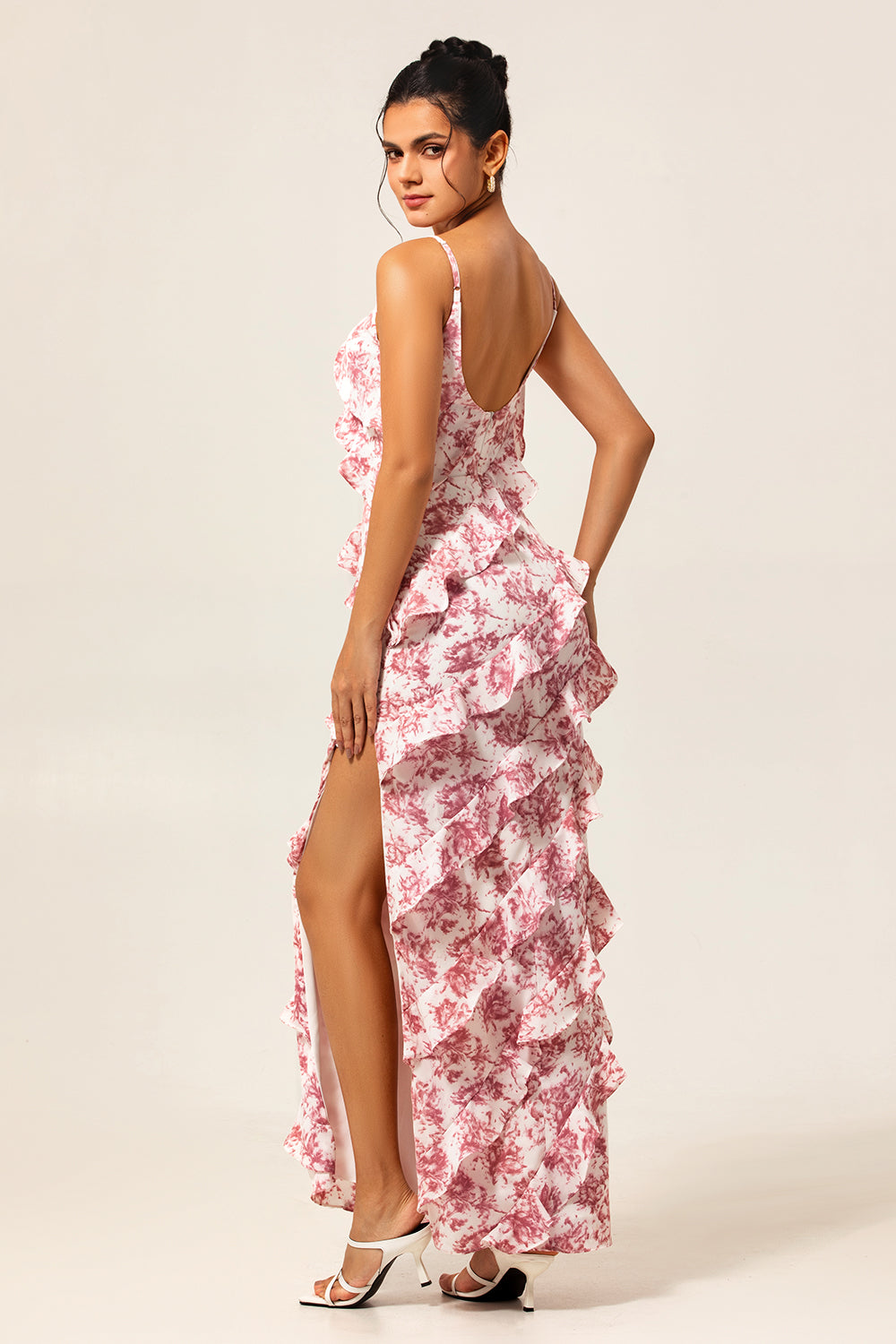 Floral Blush Ruffled Long Sheath Wedding Guest Dress with Slit