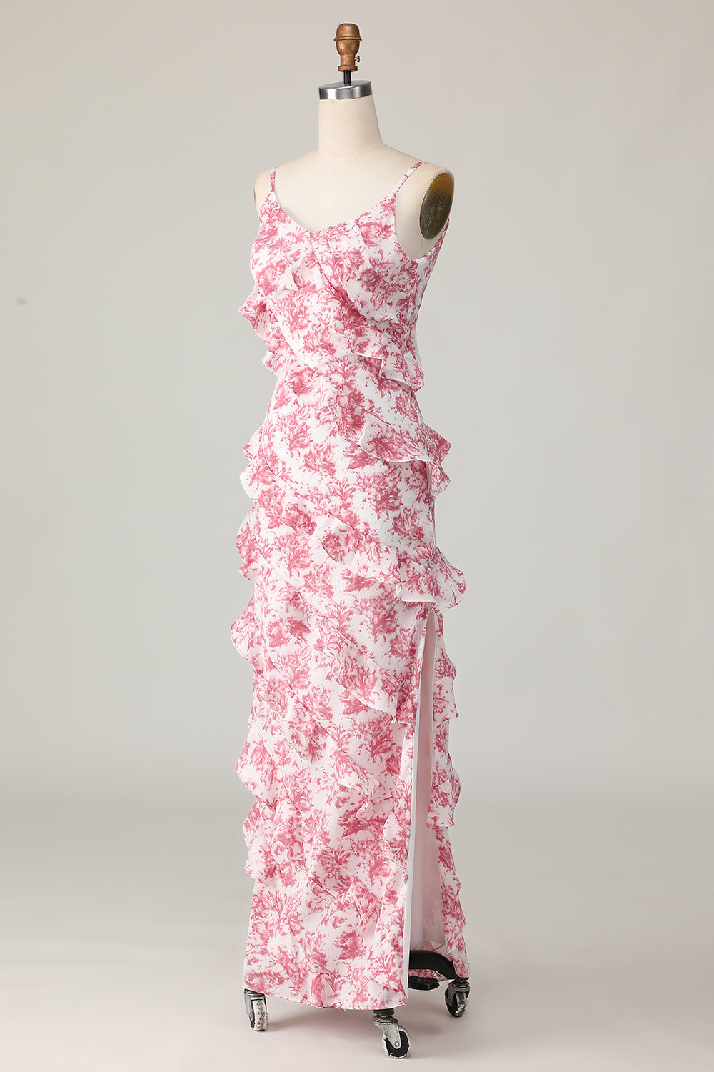 Floral Blush Sheath Chiffon Ruffled Long Wedding Guest Dress with Slit