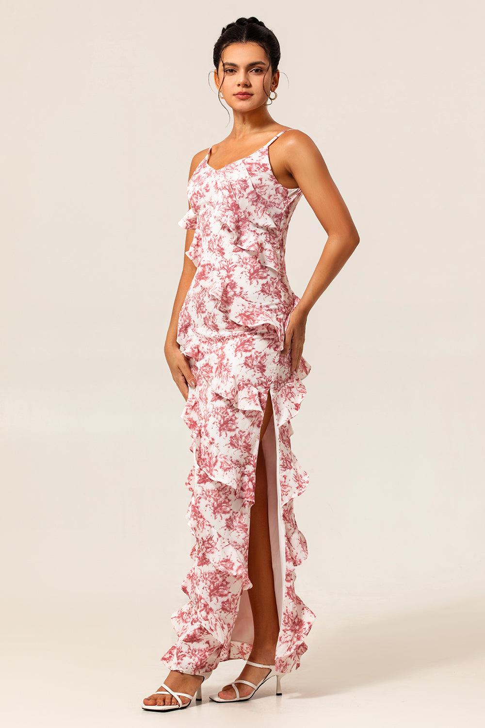 Floral Blush Ruffled Long Sheath Wedding Guest Dress with Slit