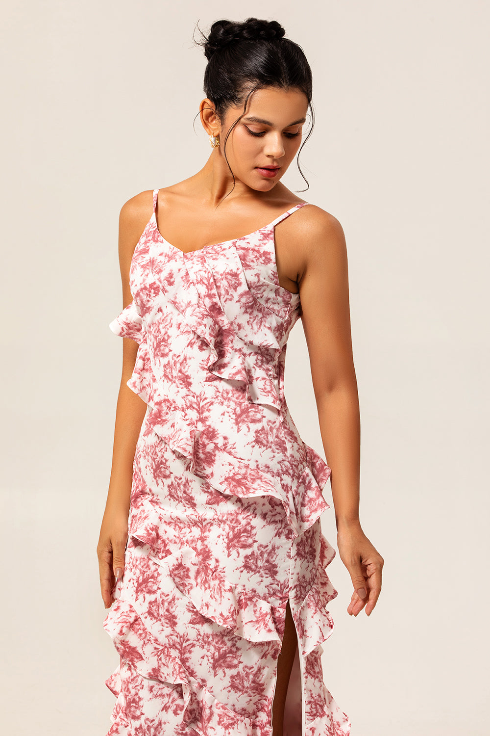 Floral Blush Ruffled Long Sheath Wedding Guest Dress with Slit