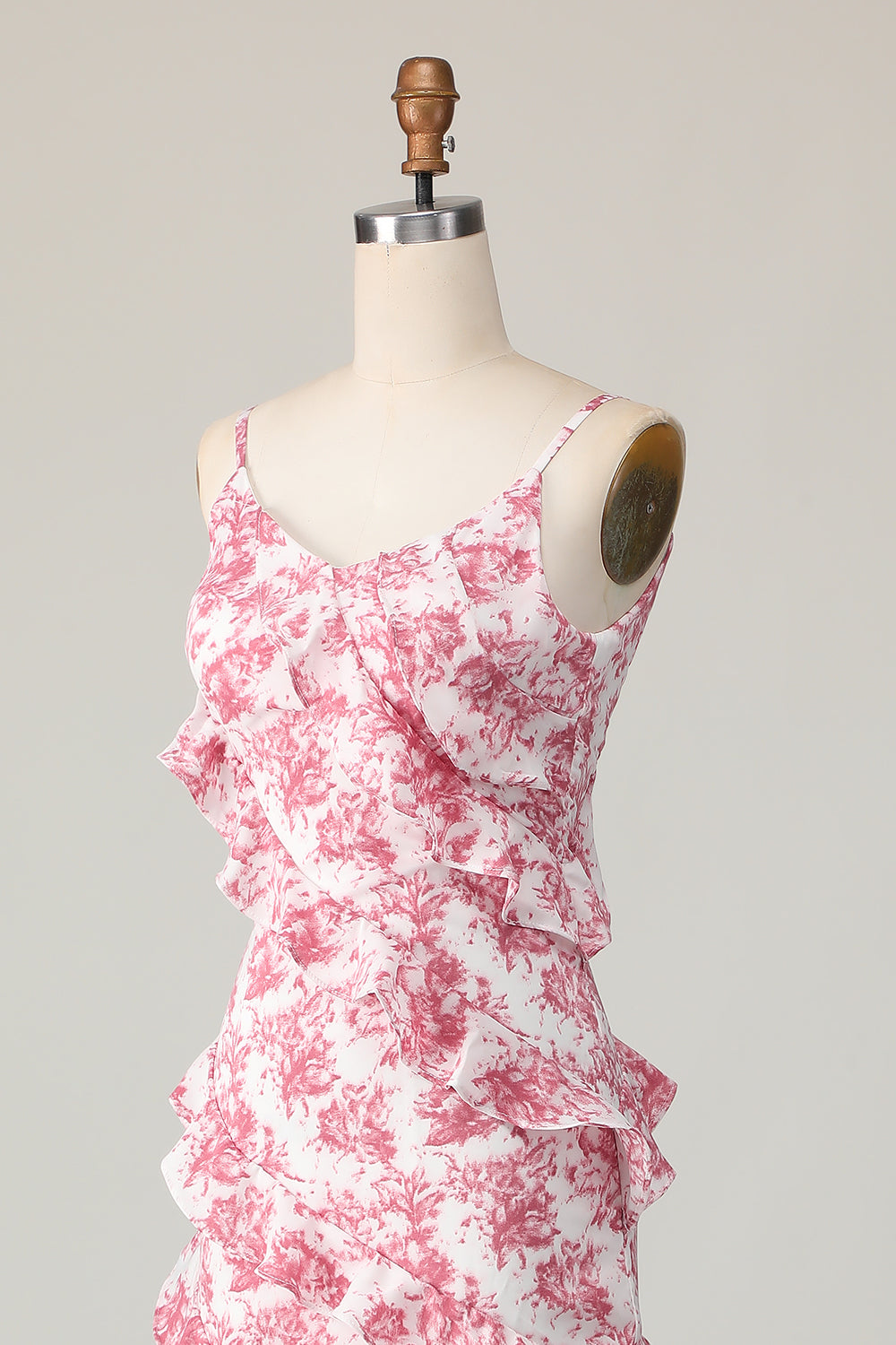 Floral Blush Sheath Chiffon Ruffled Long Wedding Guest Dress with Slit