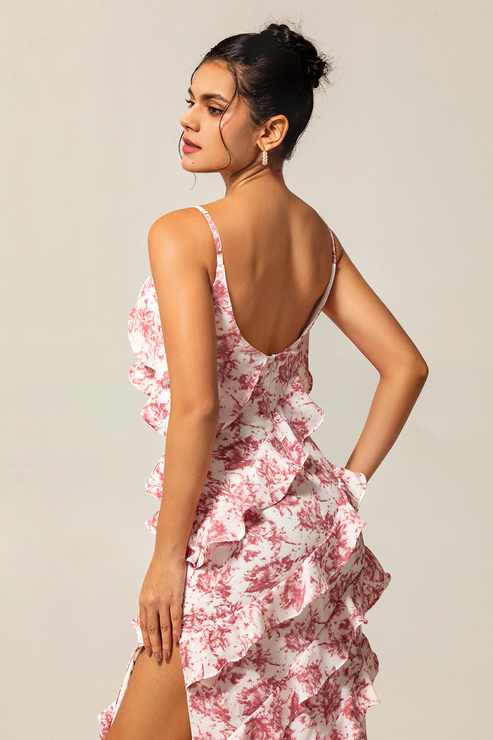 Floral Blush Ruffled Long Sheath Wedding Guest Dress with Slit