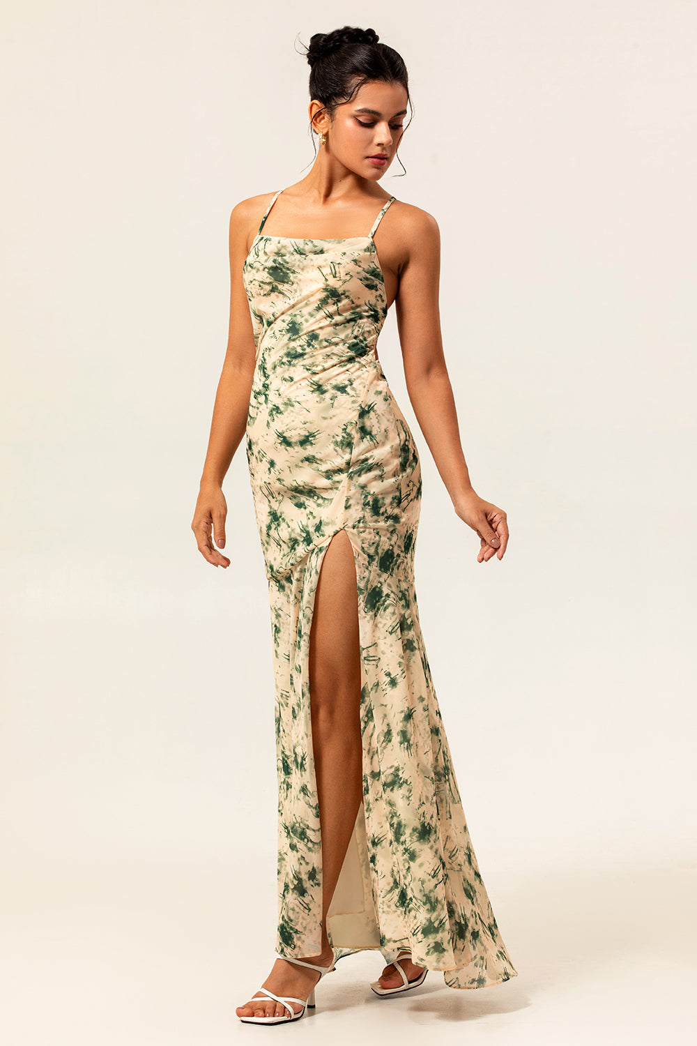 Champagne Floral Mermaid Long Ruched Wedding Guest Dress with Slit