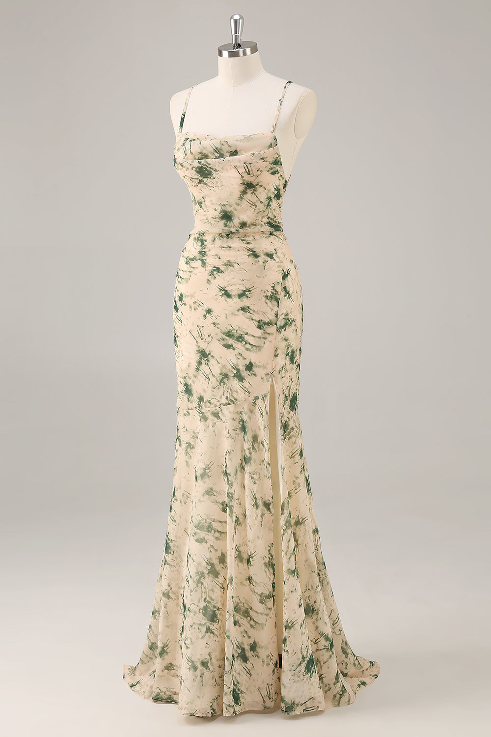 Floral Champagne Mermaid Ruched Long Wedding Guest Dress with Slit