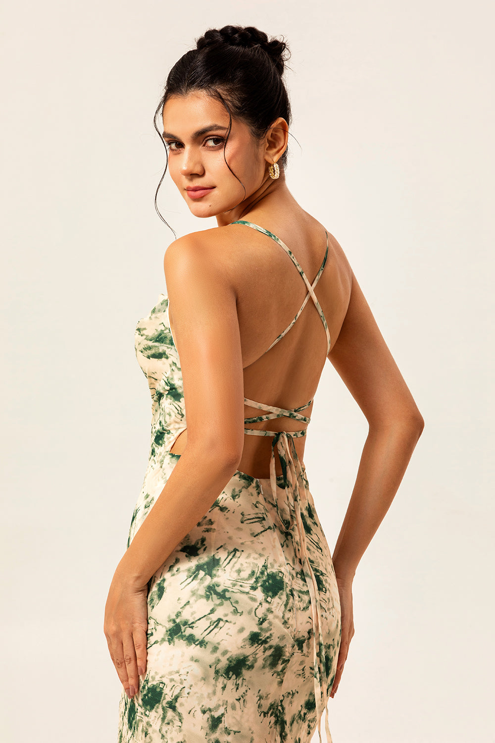 Champagne Floral Mermaid Long Ruched Wedding Guest Dress with Slit