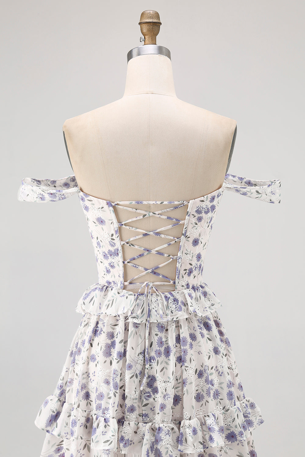 Floral Purple Chiffon Off the Shoulder A-Line Long Corset Wedding Guest Dress