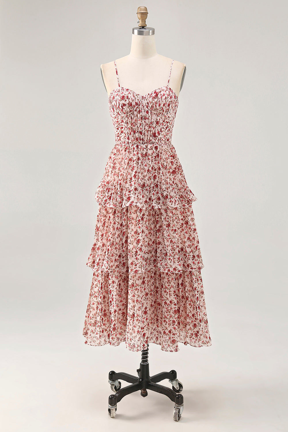 Floral Blush Chiffon Ruched Long Wedding Guest Dress with Ruffles