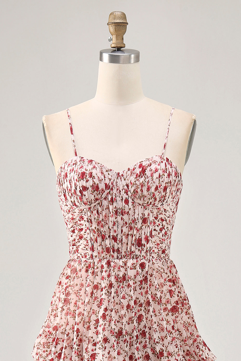 Floral Blush Chiffon Ruched Long Wedding Guest Dress with Ruffles