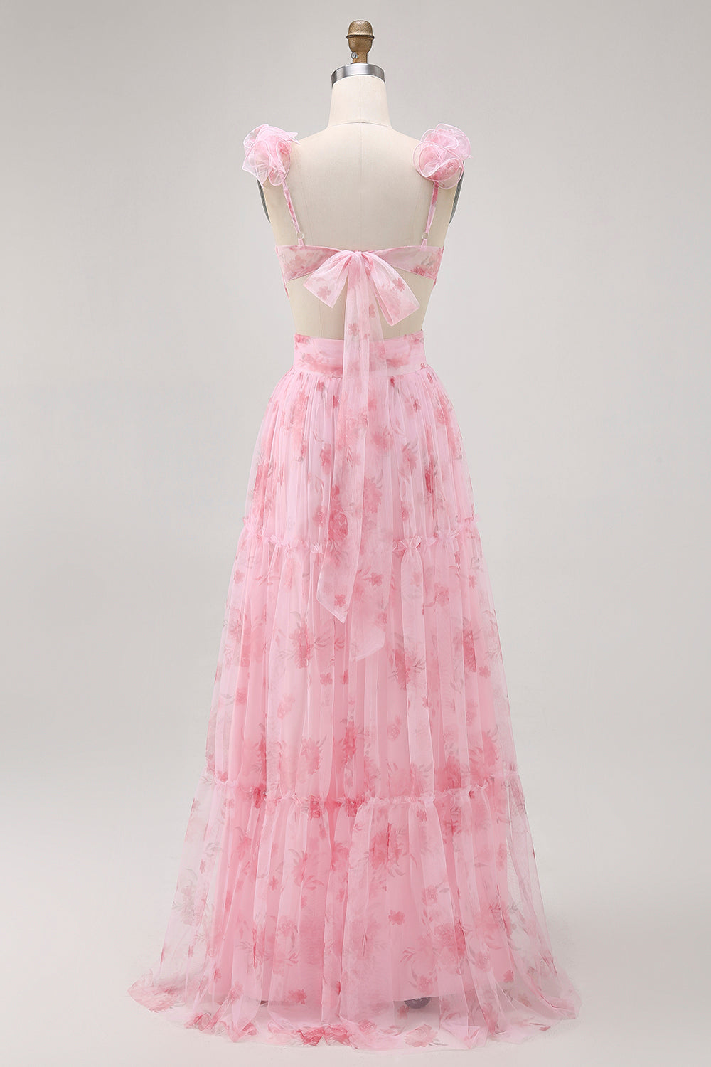 Floral Blush Chiffon A-Line V-Neck Cut Out Long Wedding Guest Dress