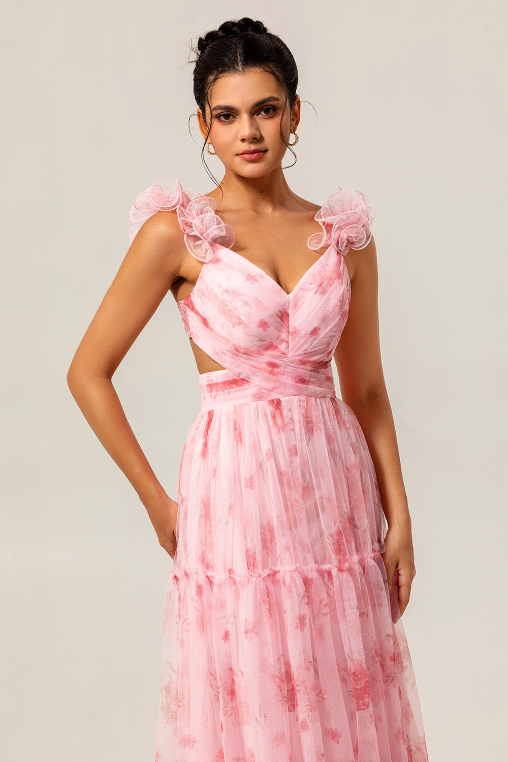 Floral Blush V-Neck Chiffon Long Wedding Guest Dress