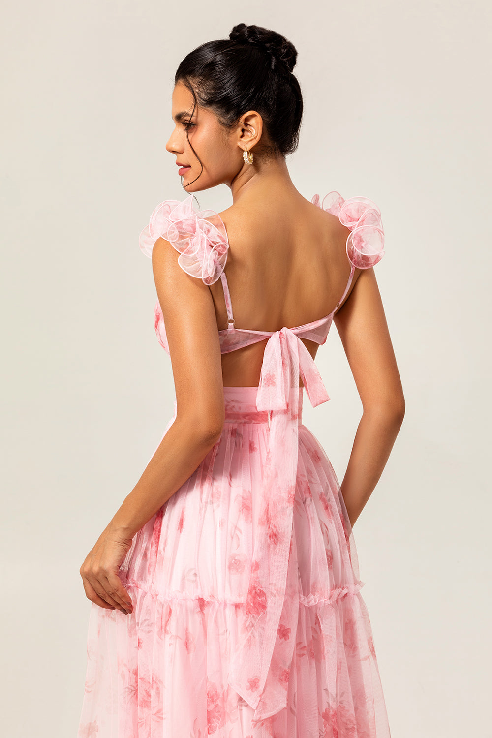 Floral Blush V-Neck Chiffon Long Wedding Guest Dress