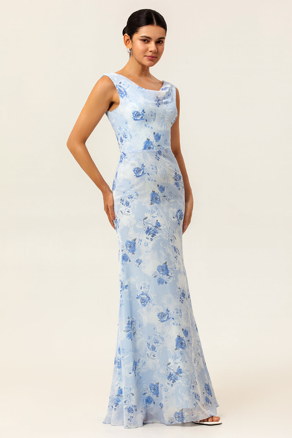 Blue Sheath Chiffon Long Floral Wedding Guest Dress