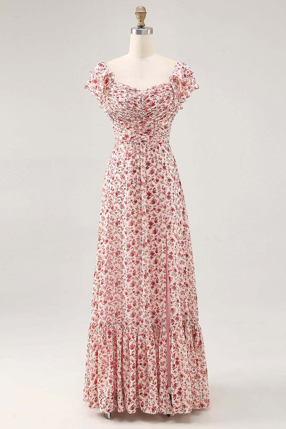 Floral Blush Chiffon Ruffled Long Wedding Guest Dress with Slit