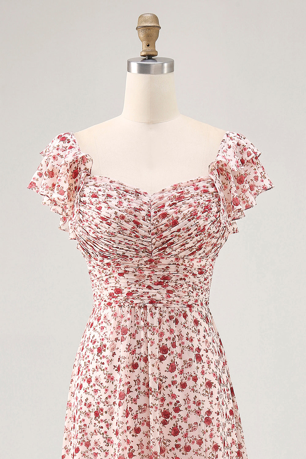 Floral Blush Chiffon Ruffled Long Wedding Guest Dress with Slit