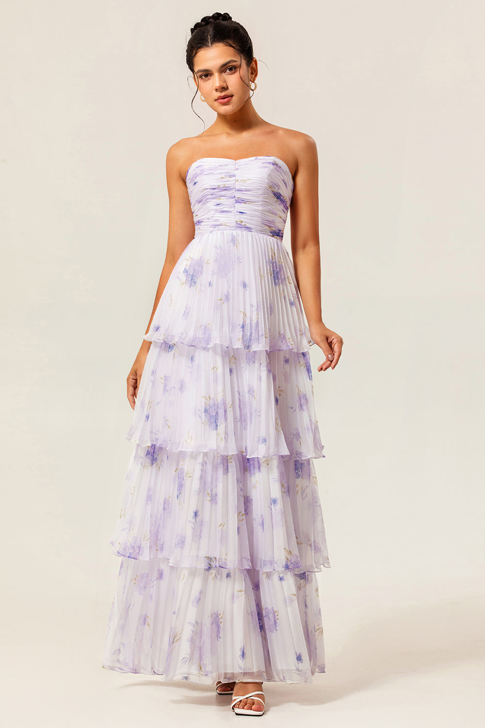 Lavender A Line Pleated Long Floral Wedding Guest Dress with Ruffles