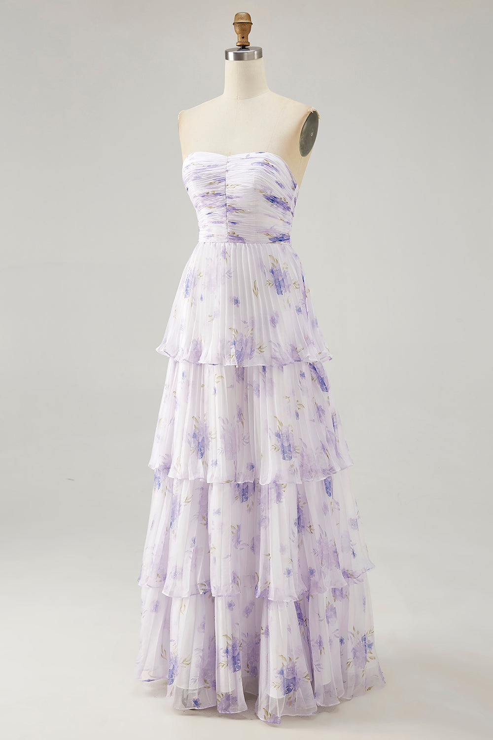 Lavender Strapless Pleated Long Floral Wedding Guest Dress with Ruffles
